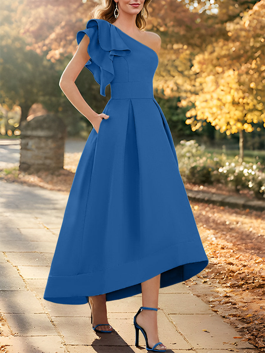 Robe de Mère de la Mariée Asymétrique Sans Manches à Une Épaule et Coupe Princesse avec Volants