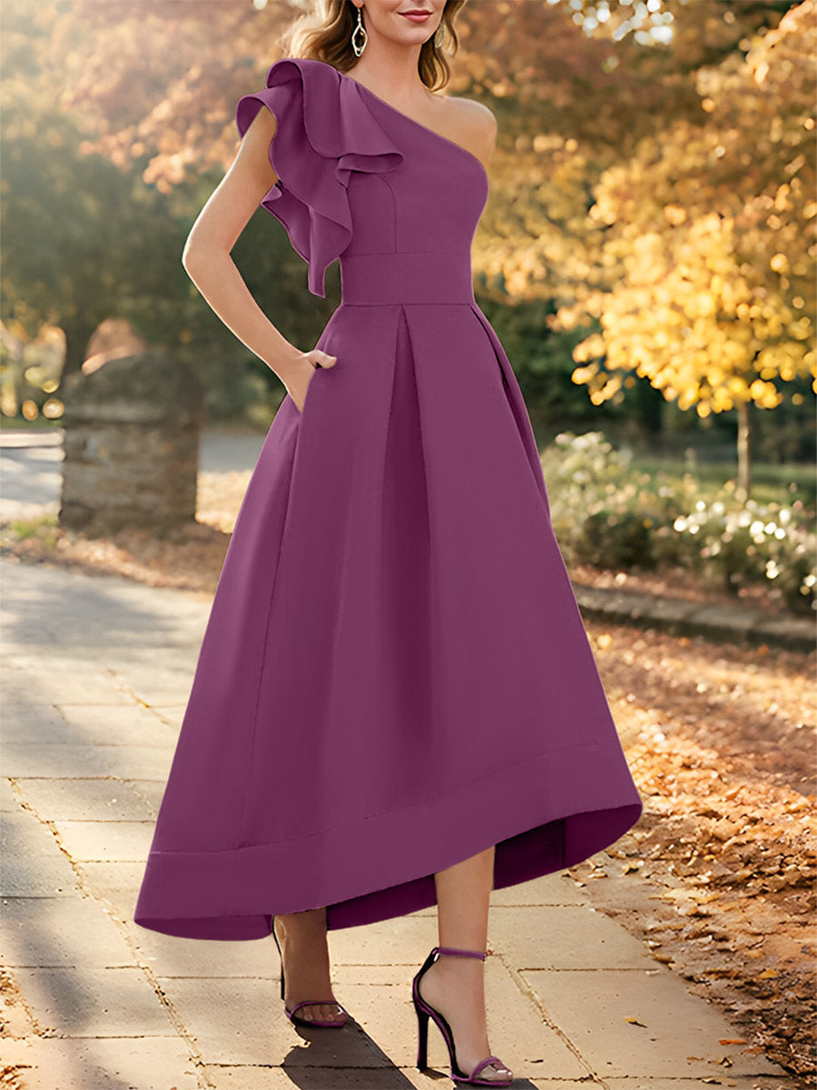 Robe de Mère de la Mariée Asymétrique Sans Manches à Une Épaule et Coupe Princesse avec Volants