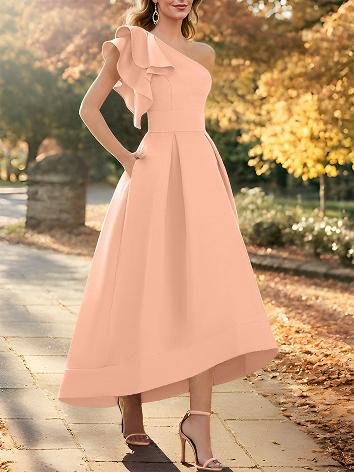 Robe de Mère de la Mariée Asymétrique Sans Manches à Une Épaule et Coupe Princesse avec Volants