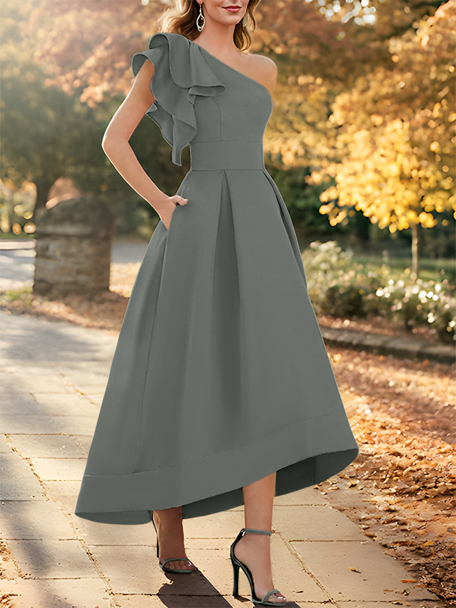 Robe de Mère de la Mariée Asymétrique Sans Manches à Une Épaule et Coupe Princesse avec Volants