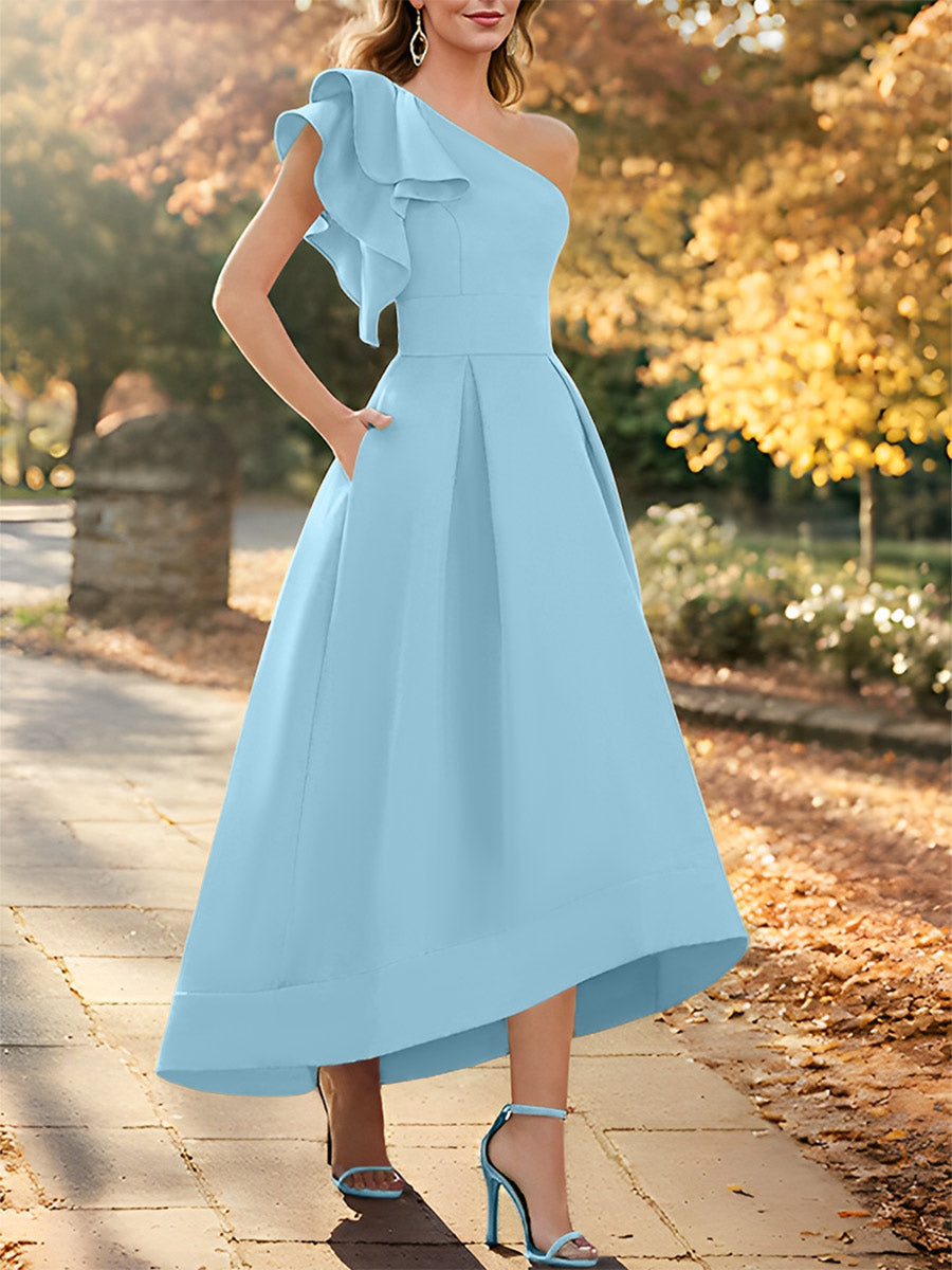 Robe de Mère de la Mariée Asymétrique Sans Manches à Une Épaule et Coupe Princesse avec Volants