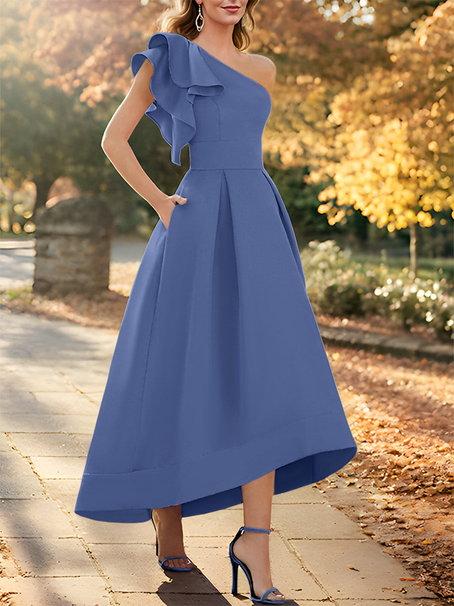 Robe de Mère de la Mariée Asymétrique Sans Manches à Une Épaule et Coupe Princesse avec Volants