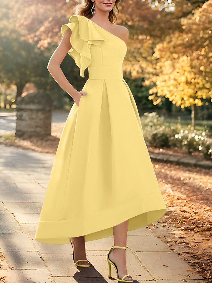 Robe de Mère de la Mariée Asymétrique Sans Manches à Une Épaule et Coupe Princesse avec Volants
