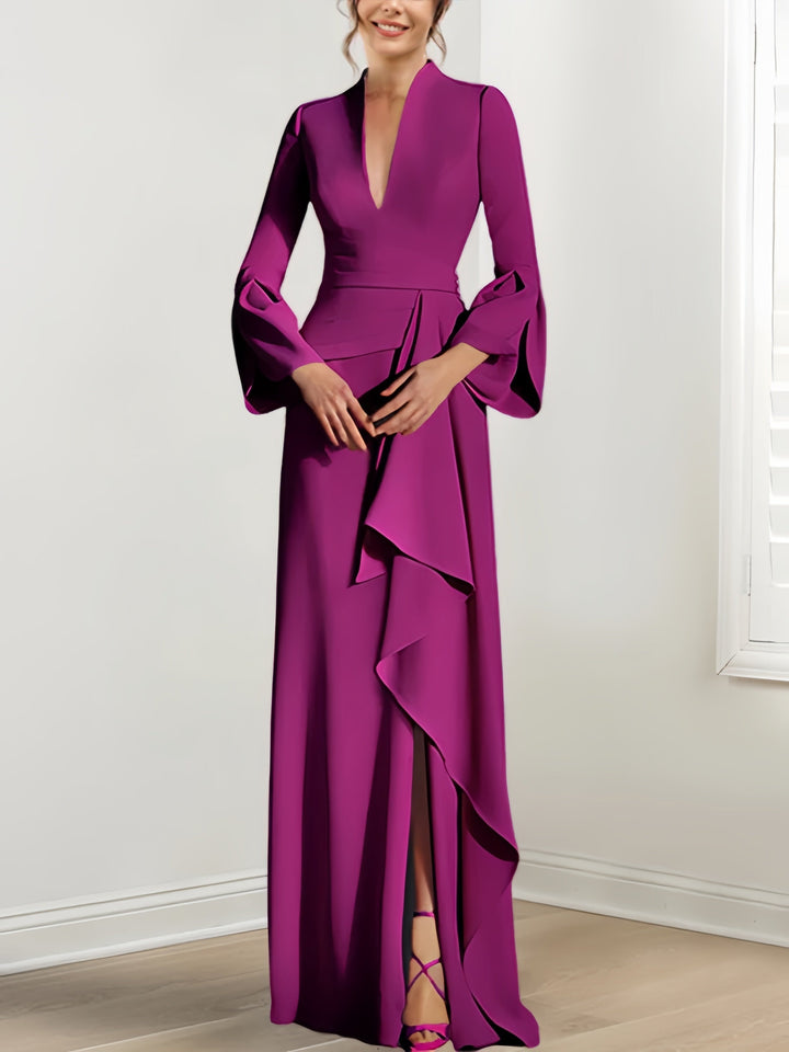 Robe de Mère de la Mariée Fourreau/Colonne à Col en V et Manches Longues, Longueur Au Sol, avec Fente Sur le Côté
