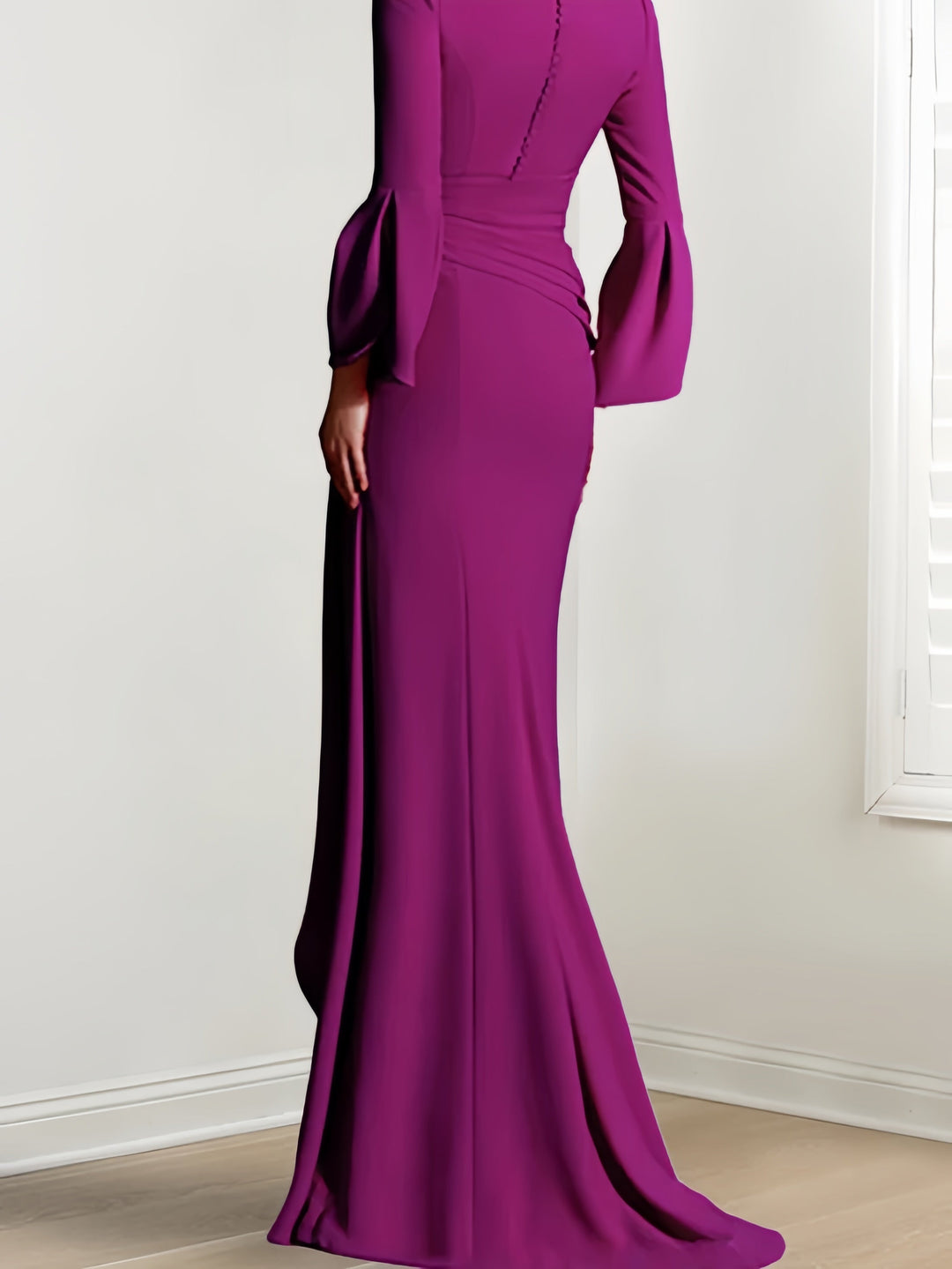 Robe de Mère de la Mariée Fourreau/Colonne à Col en V et Manches Longues, Longueur Au Sol, avec Fente Sur le Côté
