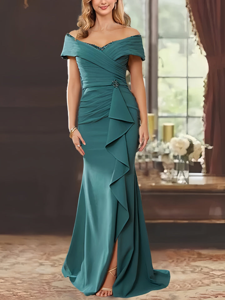 Robe de Mère de la Mariée Fourreau/Colonne à Épaules Dénudées Sans Manches, Longueur Au Sol, avec Volants