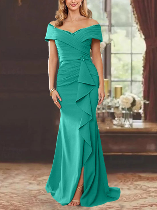 Robe de Mère de la Mariée Fourreau/Colonne à Épaules Dénudées Sans Manches, Longueur Au Sol, avec Volants