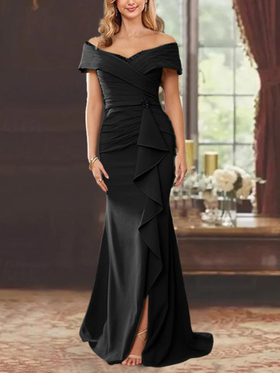 Robe de Mère de la Mariée Fourreau/Colonne à Épaules Dénudées Sans Manches, Longueur Au Sol, avec Volants