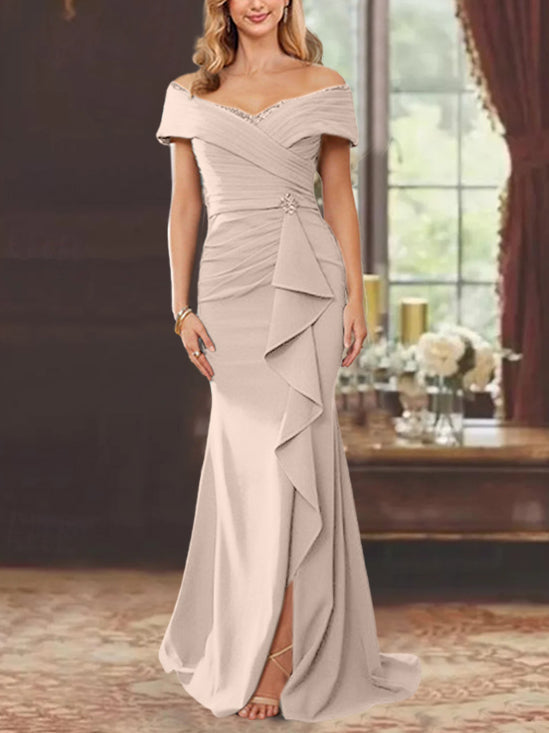 Robe de Mère de la Mariée Fourreau/Colonne à Épaules Dénudées Sans Manches, Longueur Au Sol, avec Volants