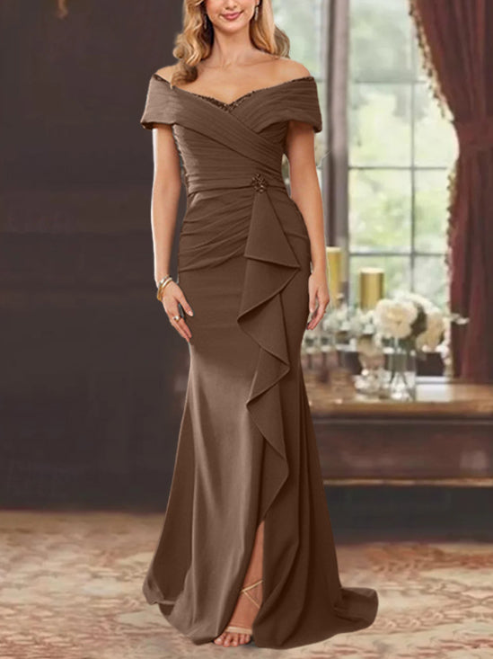 Robe de Mère de la Mariée Fourreau/Colonne à Épaules Dénudées Sans Manches, Longueur Au Sol, avec Volants