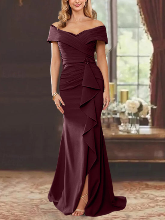 Robe de Mère de la Mariée Fourreau/Colonne à Épaules Dénudées Sans Manches, Longueur Au Sol, avec Volants