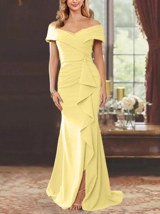 Robe de Mère de la Mariée Fourreau/Colonne à Épaules Dénudées Sans Manches, Longueur Au Sol, avec Volants