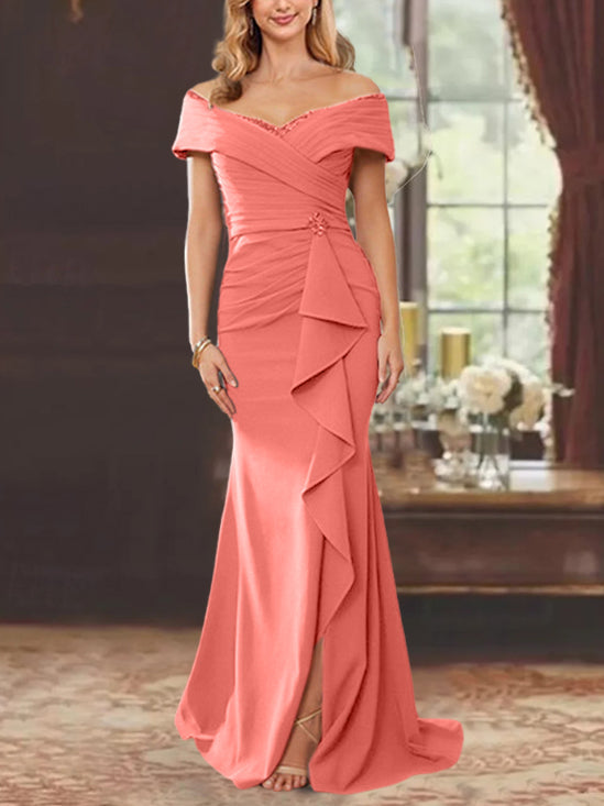 Robe de Mère de la Mariée Fourreau/Colonne à Épaules Dénudées Sans Manches, Longueur Au Sol, avec Volants