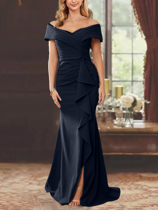 Robe de Mère de la Mariée Fourreau/Colonne à Épaules Dénudées Sans Manches, Longueur Au Sol, avec Volants