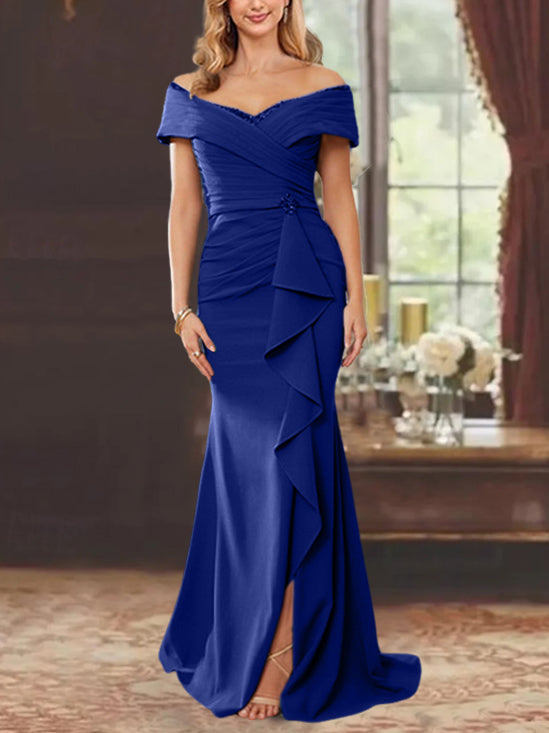 Robe de Mère de la Mariée Fourreau/Colonne à Épaules Dénudées Sans Manches, Longueur Au Sol, avec Volants
