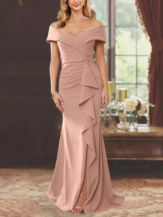 Robe de Mère de la Mariée Fourreau/Colonne à Épaules Dénudées Sans Manches, Longueur Au Sol, avec Volants