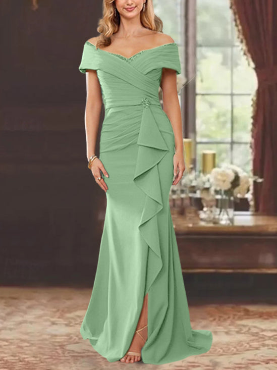 Robe de Mère de la Mariée Fourreau/Colonne à Épaules Dénudées Sans Manches, Longueur Au Sol, avec Volants