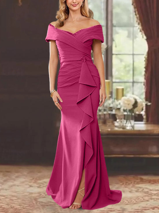 Robe de Mère de la Mariée Fourreau/Colonne à Épaules Dénudées Sans Manches, Longueur Au Sol, avec Volants