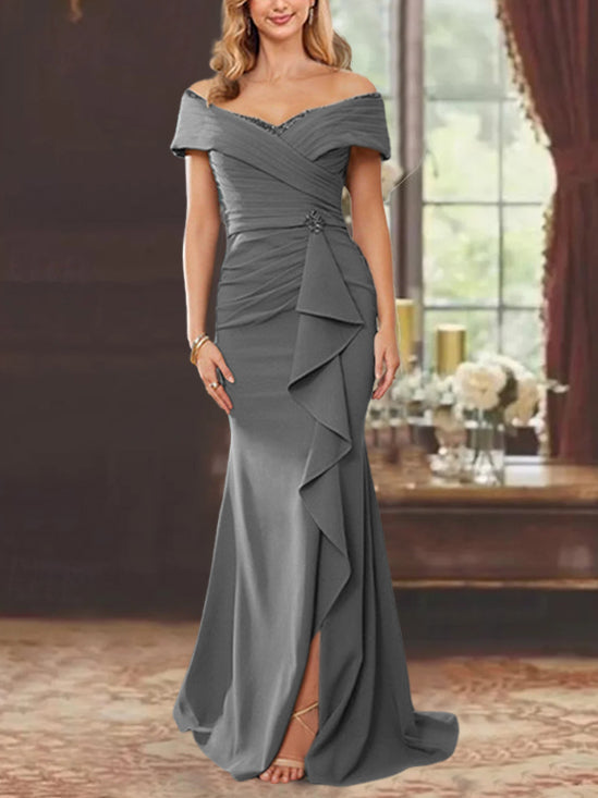 Robe de Mère de la Mariée Fourreau/Colonne à Épaules Dénudées Sans Manches, Longueur Au Sol, avec Volants