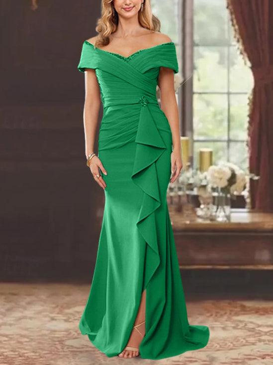 Robe de Mère de la Mariée Fourreau/Colonne à Épaules Dénudées Sans Manches, Longueur Au Sol, avec Volants