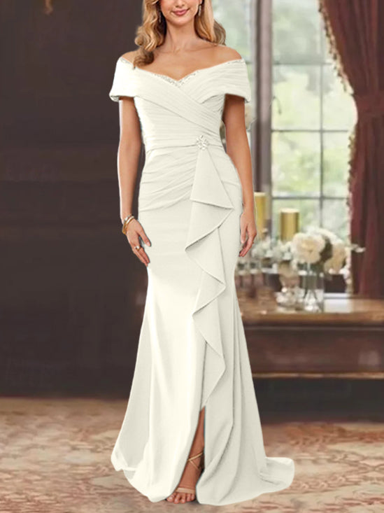 Robe de Mère de la Mariée Fourreau/Colonne à Épaules Dénudées Sans Manches, Longueur Au Sol, avec Volants