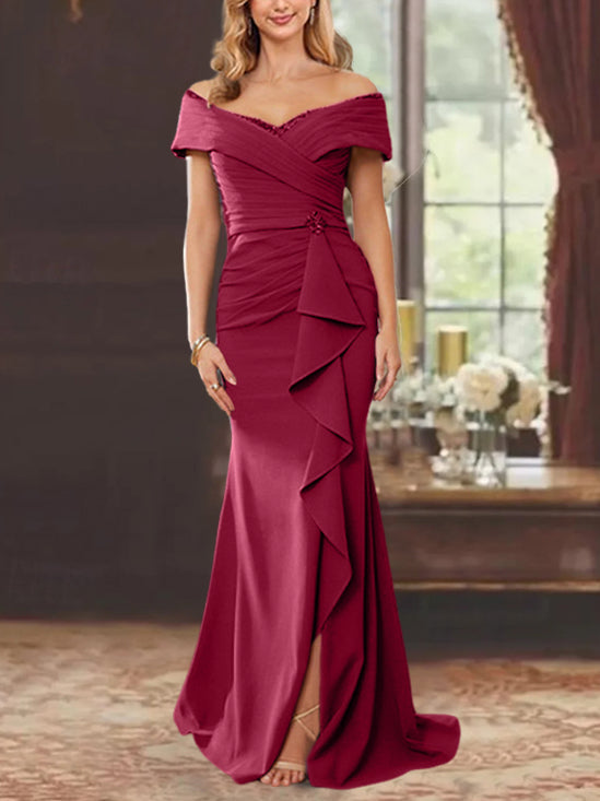 Robe de Mère de la Mariée Fourreau/Colonne à Épaules Dénudées Sans Manches, Longueur Au Sol, avec Volants