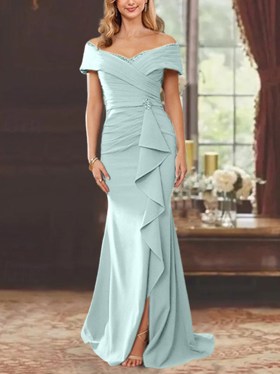 Robe de Mère de la Mariée Fourreau/Colonne à Épaules Dénudées Sans Manches, Longueur Au Sol, avec Volants