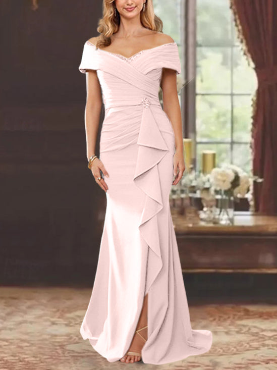 Robe de Mère de la Mariée Fourreau/Colonne à Épaules Dénudées Sans Manches, Longueur Au Sol, avec Volants