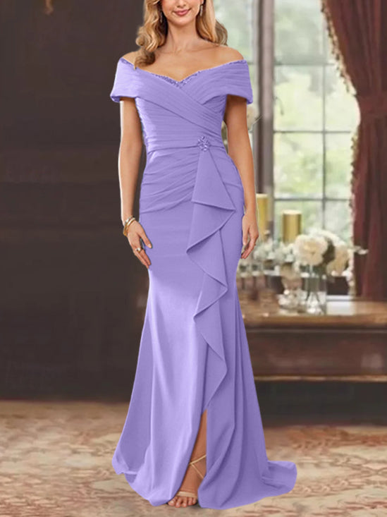 Robe de Mère de la Mariée Fourreau/Colonne à Épaules Dénudées Sans Manches, Longueur Au Sol, avec Volants