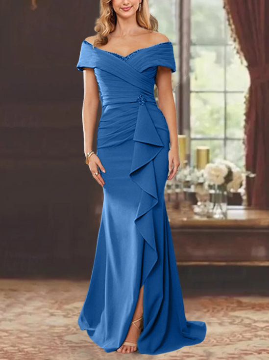 Robe de Mère de la Mariée Fourreau/Colonne à Épaules Dénudées Sans Manches, Longueur Au Sol, avec Volants