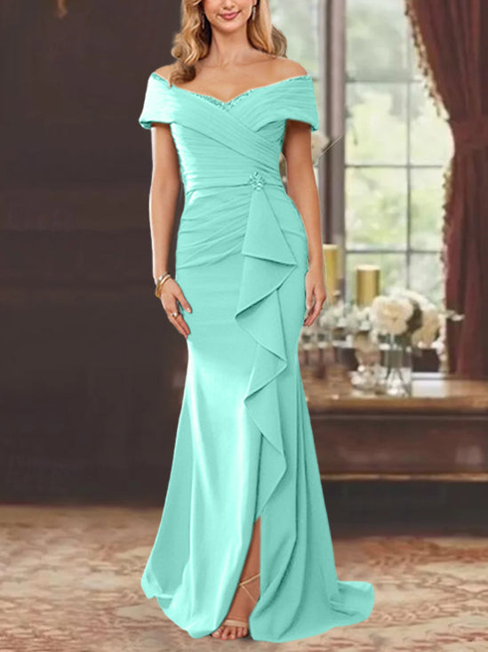 Robe de Mère de la Mariée Fourreau/Colonne à Épaules Dénudées Sans Manches, Longueur Au Sol, avec Volants