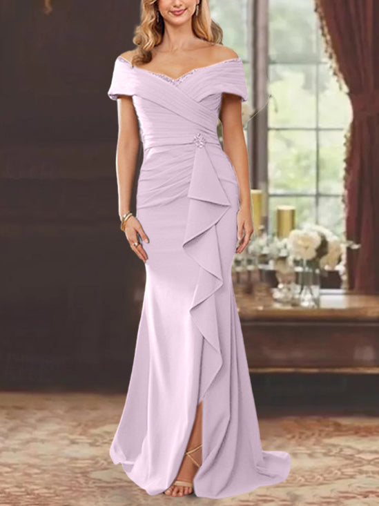 Robe de Mère de la Mariée Fourreau/Colonne à Épaules Dénudées Sans Manches, Longueur Au Sol, avec Volants