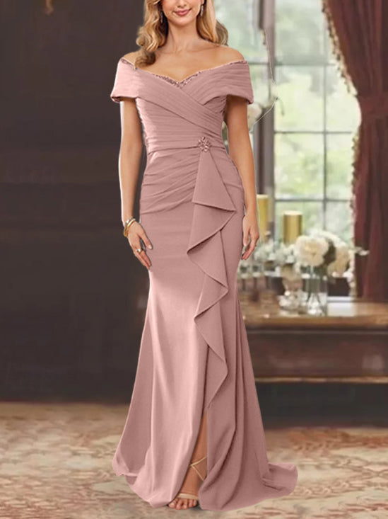 Robe de Mère de la Mariée Fourreau/Colonne à Épaules Dénudées Sans Manches, Longueur Au Sol, avec Volants
