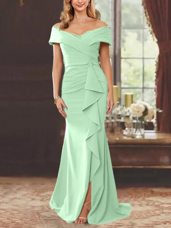 Robe de Mère de la Mariée Fourreau/Colonne à Épaules Dénudées Sans Manches, Longueur Au Sol, avec Volants