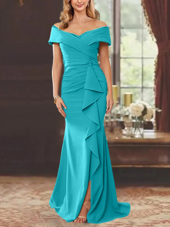 Robe de Mère de la Mariée Fourreau/Colonne à Épaules Dénudées Sans Manches, Longueur Au Sol, avec Volants
