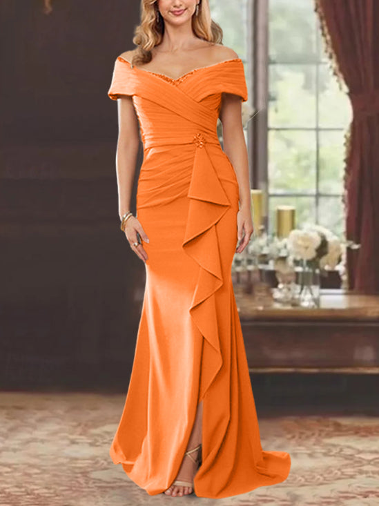 Robe de Mère de la Mariée Fourreau/Colonne à Épaules Dénudées Sans Manches, Longueur Au Sol, avec Volants