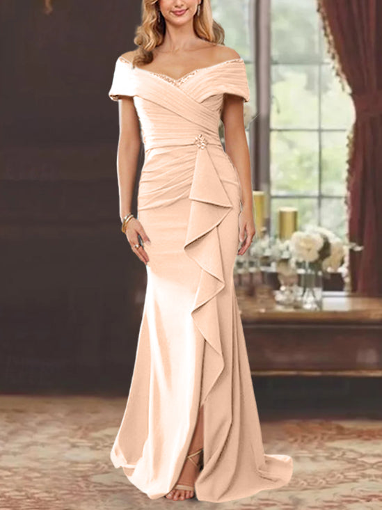 Robe de Mère de la Mariée Fourreau/Colonne à Épaules Dénudées Sans Manches, Longueur Au Sol, avec Volants
