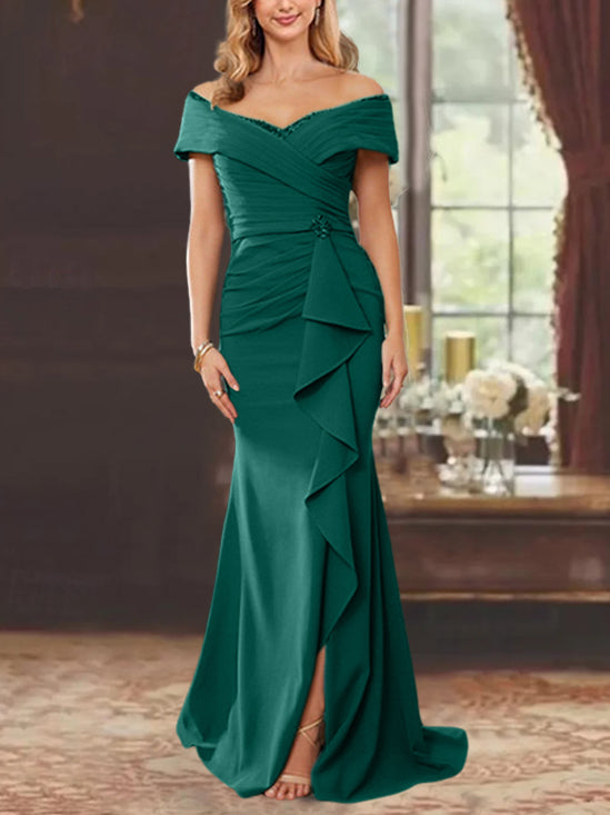 Robe de Mère de la Mariée Fourreau/Colonne à Épaules Dénudées Sans Manches, Longueur Au Sol, avec Volants