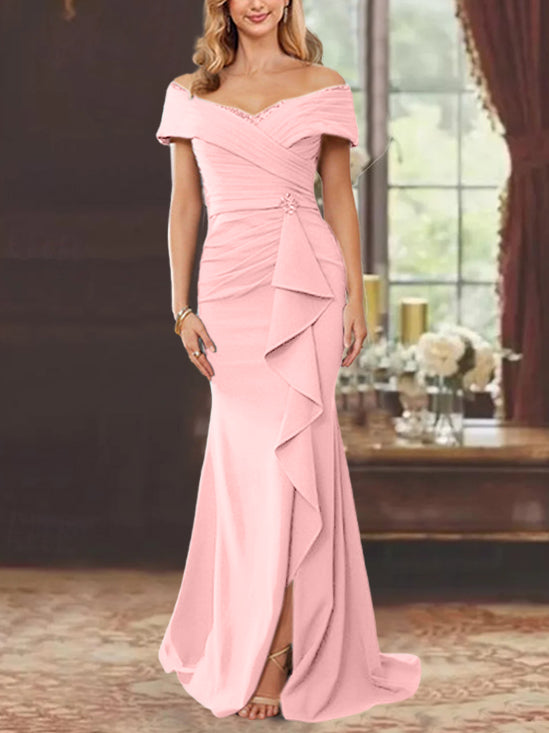Robe de Mère de la Mariée Fourreau/Colonne à Épaules Dénudées Sans Manches, Longueur Au Sol, avec Volants