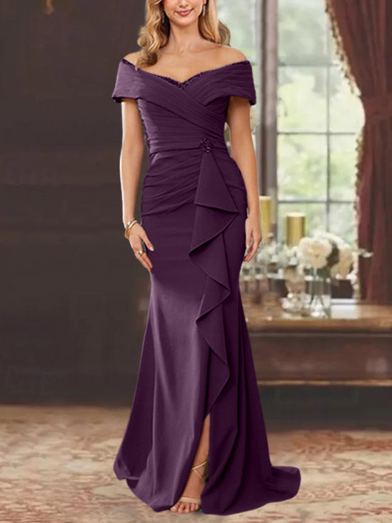 Robe de Mère de la Mariée Fourreau/Colonne à Épaules Dénudées Sans Manches, Longueur Au Sol, avec Volants