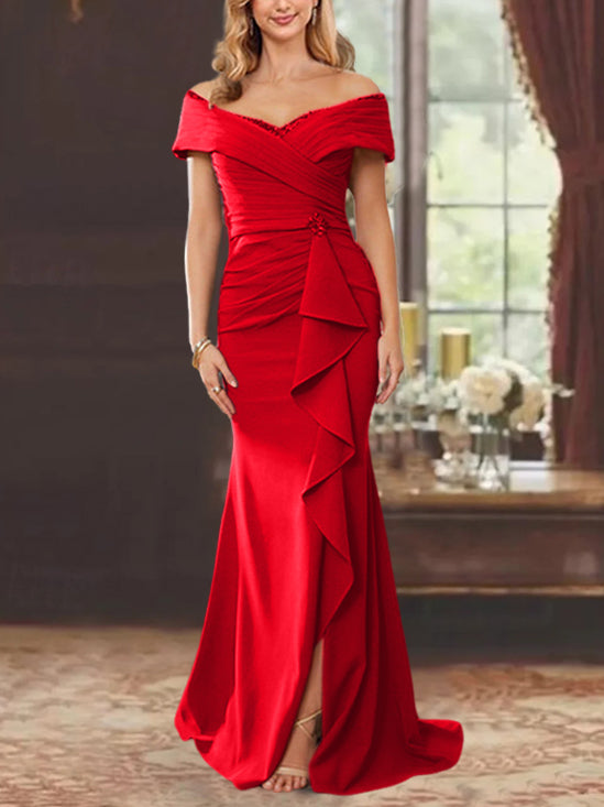 Robe de Mère de la Mariée Fourreau/Colonne à Épaules Dénudées Sans Manches, Longueur Au Sol, avec Volants