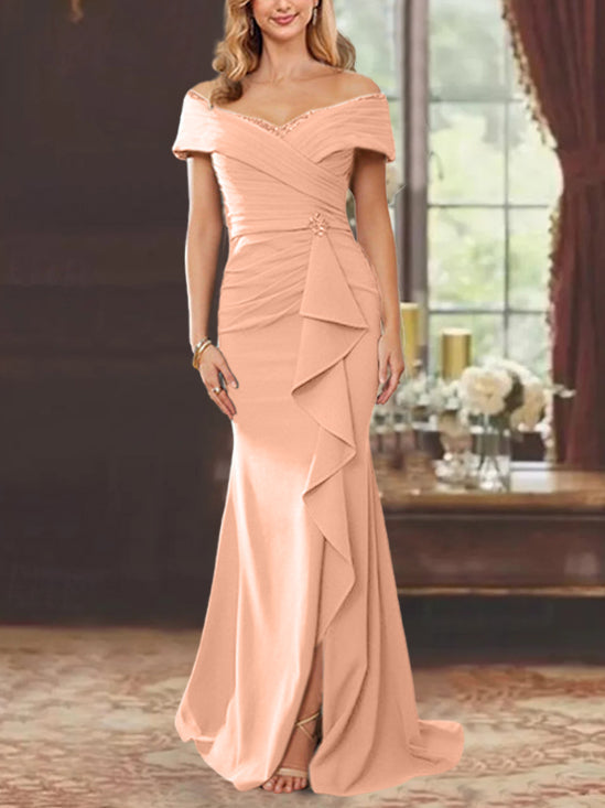 Robe de Mère de la Mariée Fourreau/Colonne à Épaules Dénudées Sans Manches, Longueur Au Sol, avec Volants