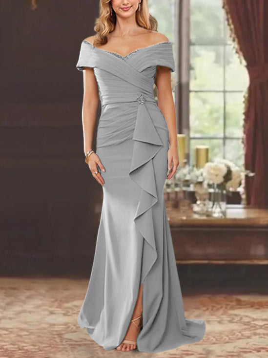 Robe de Mère de la Mariée Fourreau/Colonne à Épaules Dénudées Sans Manches, Longueur Au Sol, avec Volants