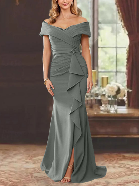 Robe de Mère de la Mariée Fourreau/Colonne à Épaules Dénudées Sans Manches, Longueur Au Sol, avec Volants