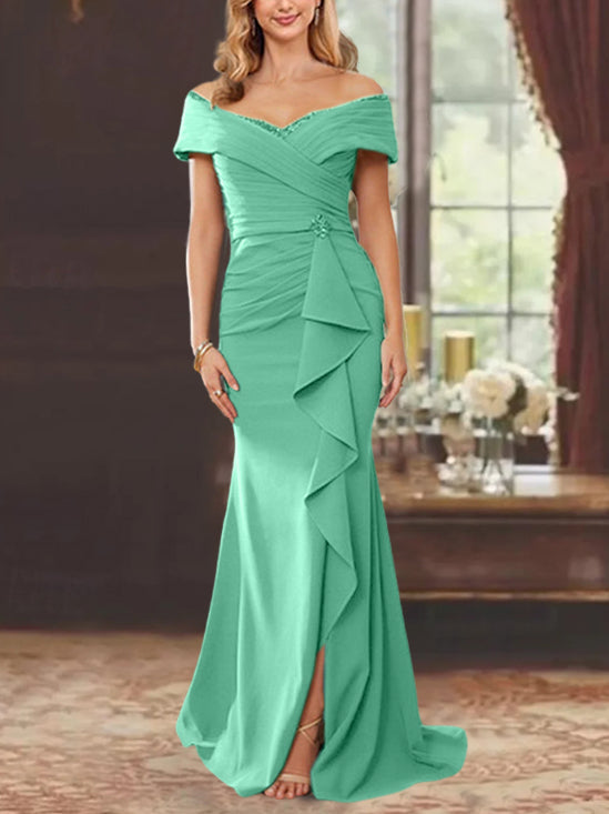 Robe de Mère de la Mariée Fourreau/Colonne à Épaules Dénudées Sans Manches, Longueur Au Sol, avec Volants