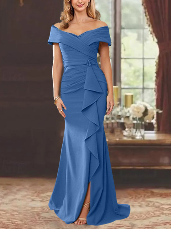 Robe de Mère de la Mariée Fourreau/Colonne à Épaules Dénudées Sans Manches, Longueur Au Sol, avec Volants