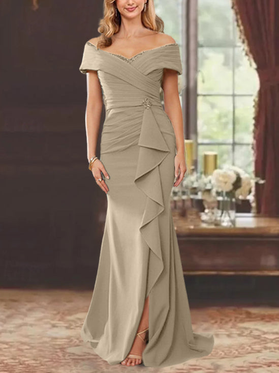 Robe de Mère de la Mariée Fourreau/Colonne à Épaules Dénudées Sans Manches, Longueur Au Sol, avec Volants