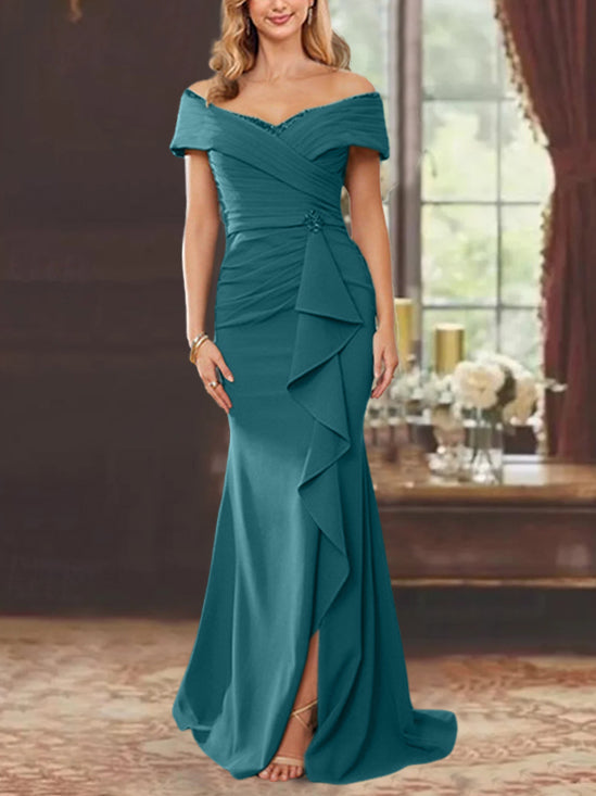 Robe de Mère de la Mariée Fourreau/Colonne à Épaules Dénudées Sans Manches, Longueur Au Sol, avec Volants