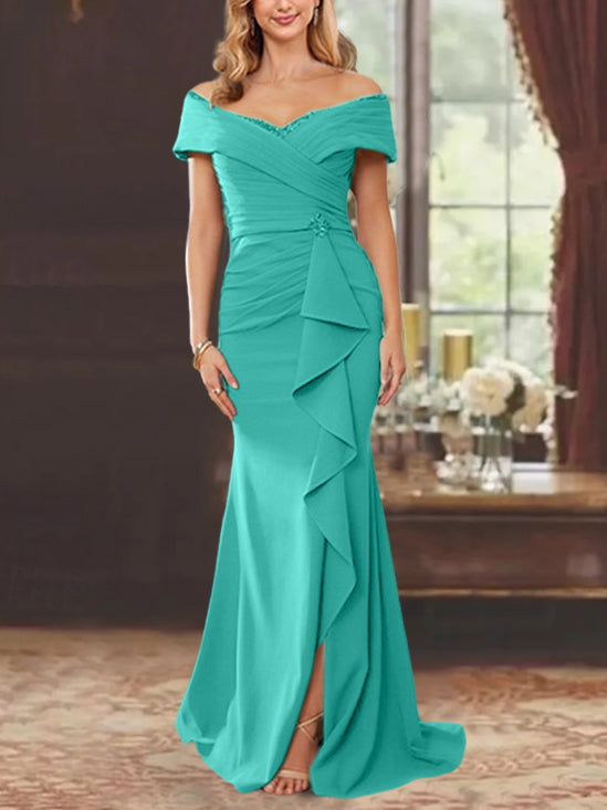Robe de Mère de la Mariée Fourreau/Colonne à Épaules Dénudées Sans Manches, Longueur Au Sol, avec Volants