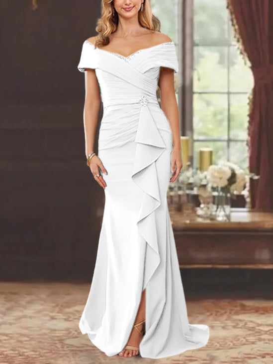 Robe de Mère de la Mariée Fourreau/Colonne à Épaules Dénudées Sans Manches, Longueur Au Sol, avec Volants